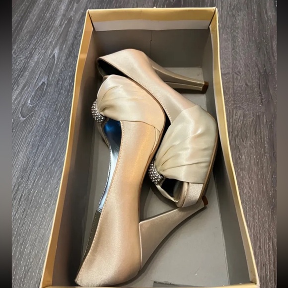 David’s Bridal metallic cream, open-toe high heels with rhinestones. - Picture 5 of 5
